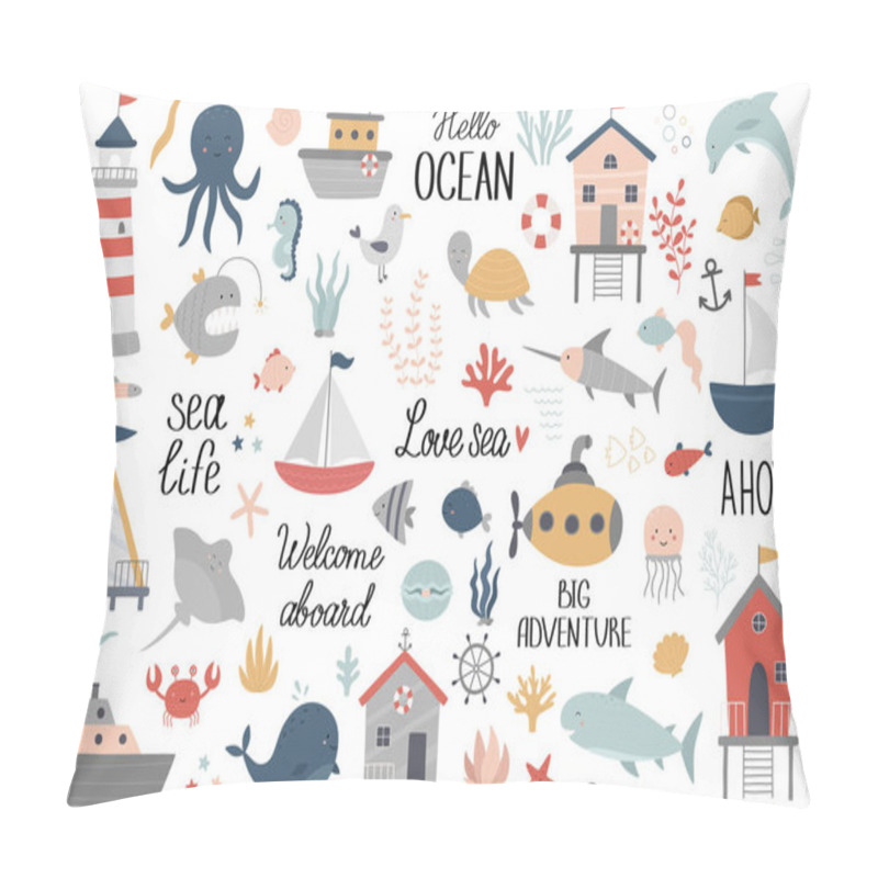 Personality   Marine Kit. Underwater World. Ocean Inhabitants, Seaweed, Shells, Corals, Beach House, Boats, Submarine, Turtle, Fish, Octopus, Seahorse, Whale, Dolphin, Shark, Jellyfish. Vector Illustration Pillow Covers