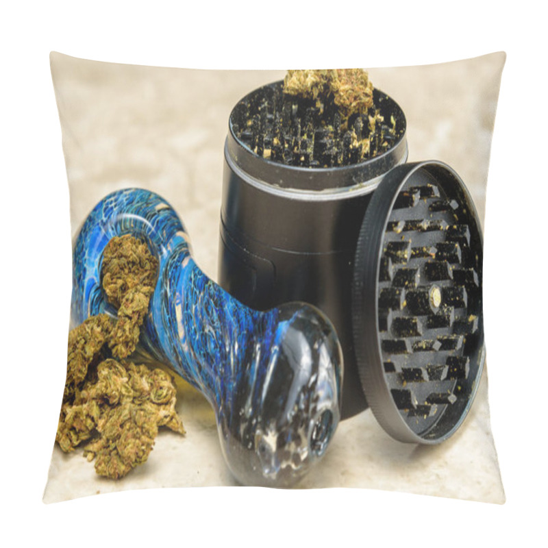 Personality  Close Up Of Medical Marijuana Bud With A Glass Pipe And Grinder Pillow Covers