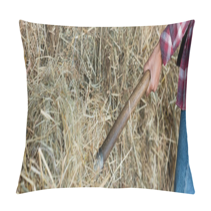 Personality  Cropped View Of African American Farm Worker Stacking Hay, Banner Pillow Covers