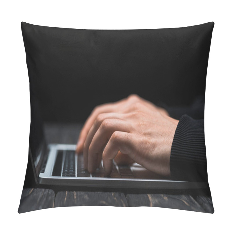 Personality  Cropped View Of Hacker Typing On Laptop Keyboard Isolated On Black  Pillow Covers