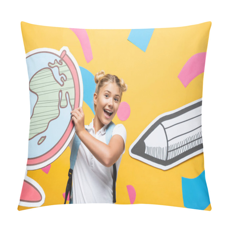 Personality  Excited Schoolkid Holding Globe Maquette Near Abstract Elements And Paper Cut Pencil On Yellow Pillow Covers