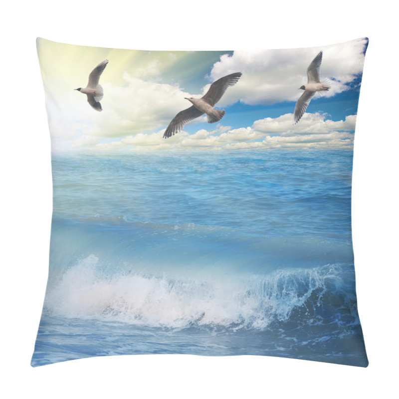 Personality  Gulls Flying Above Sunny Blue Sea Pillow Covers