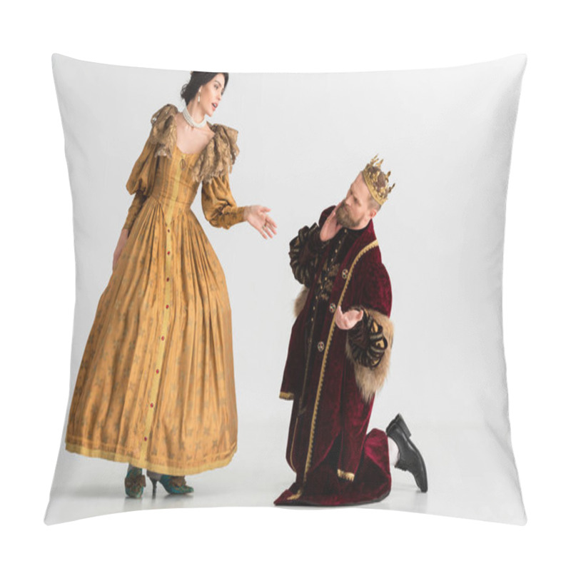 Personality  Queen Talking And King With Crown Bending On Knees On Grey Background  Pillow Covers