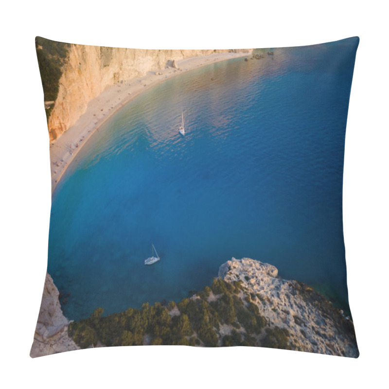 Personality  Aerial View Of Yacht At The Bay Porto Katsiki Beach Lefkada Island Greece Sunset Time Pillow Covers