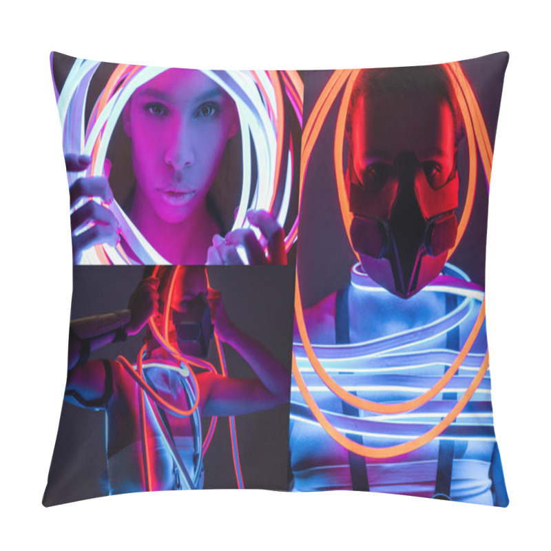 Personality  Collage Of Futuristic African American Woman In Respirator And Neon Lighting Pillow Covers