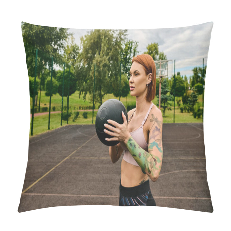 Personality  A Woman In Sportswear, Holding Medicine Ball, Trains Outdoors With Determination And Motivation Pillow Covers