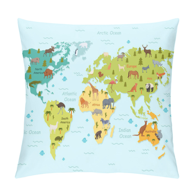 Personality  Habitat Animals On World Map Clipart. Green Topographic Continents With Ocean And Tropical Northern Mammals. Pillow Covers