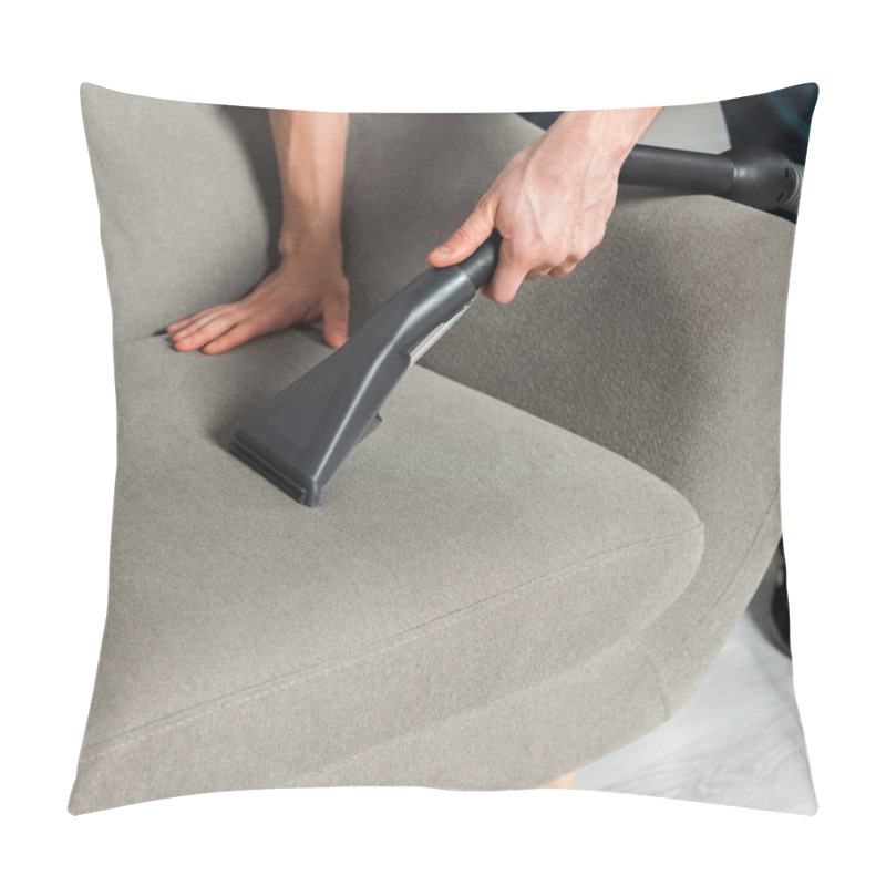 Personality  Cropped View Of Cleaner Washing Armchair With Vacuum In Living Room  Pillow Covers