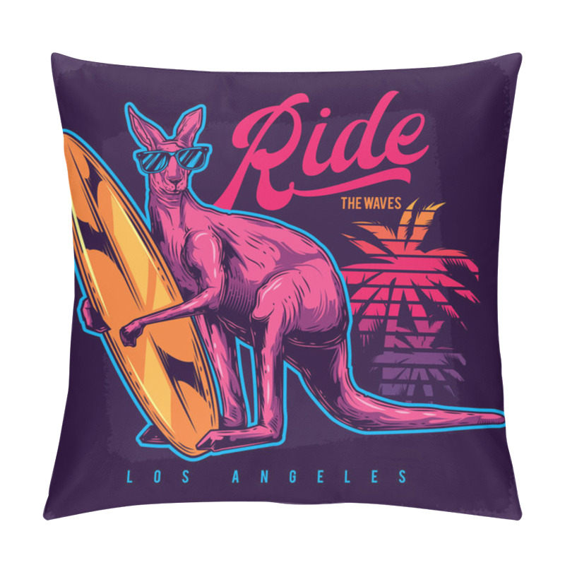 Personality  Original Vector Illustration In Neon Style. Kangaroo Surfing In Paws On The Beach. Pillow Covers