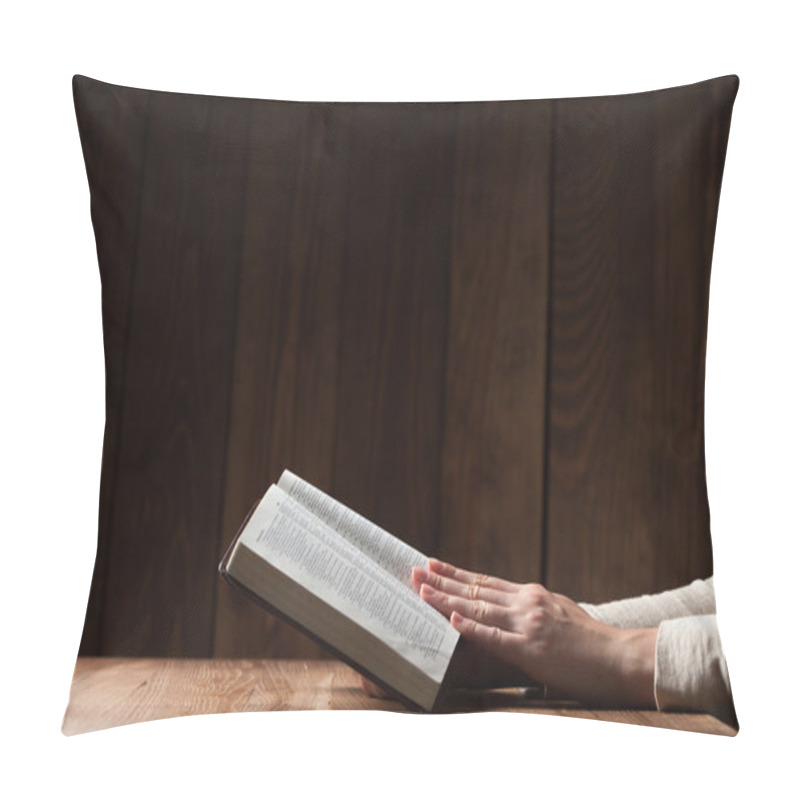 Personality  Woman Reading The Bible In The Darkness Over Wooden Table Pillow Covers