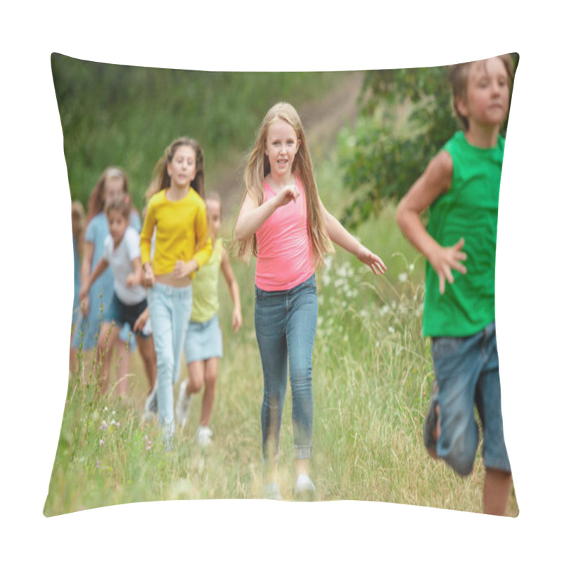 Personality  Kids, Children Running On Green Meadow, Forest. Childhood And Summertime Pillow Covers