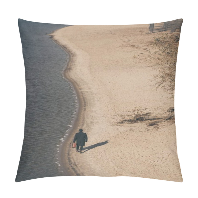 Personality  High Angle View Of Man In Coat With Suitcase Walking By Sandy Beach In Autumn Pillow Covers