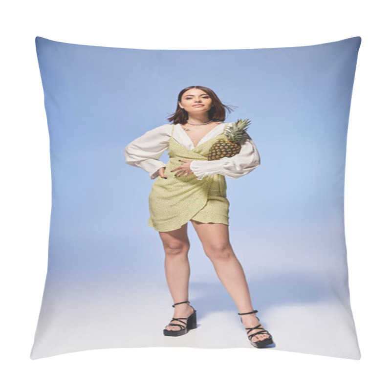 Personality  Brunette Woman In A Graceful Dress, Holding A Vibrant Pineapple In A Stylish Studio Setting. Pillow Covers