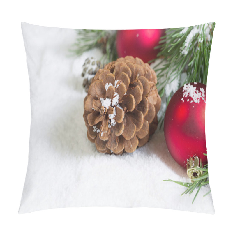 Personality  Closeup Of A Pine Cone On Snow With Pine Tree Branch And Ornamen Pillow Covers