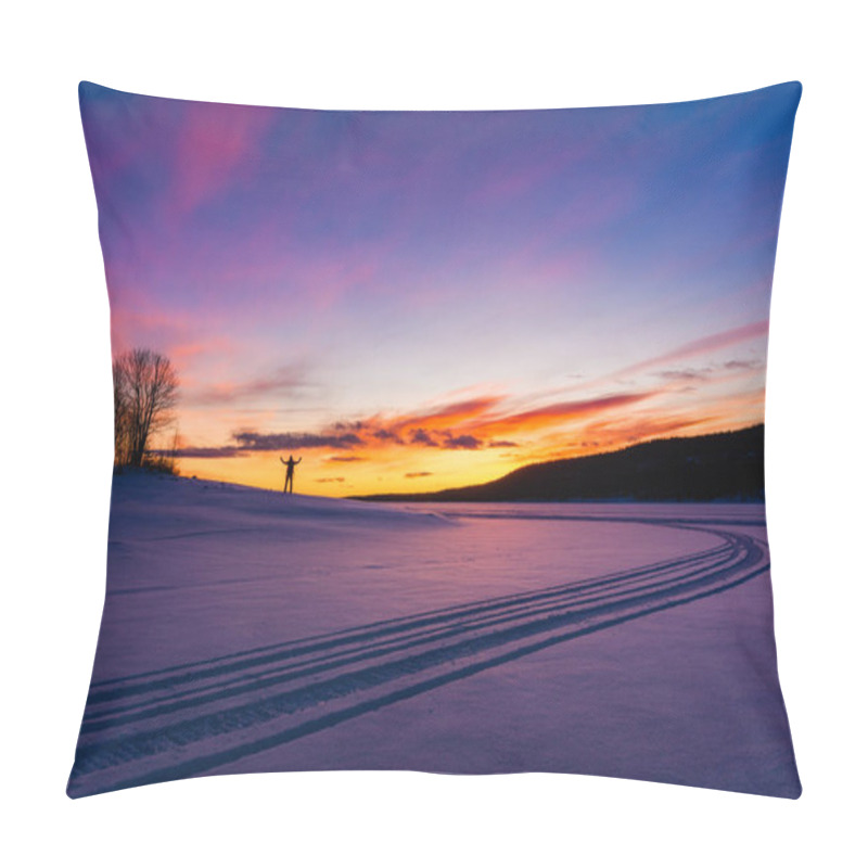 Personality  Man Standing On Frozen And Snow Covered Lake At Sunrise Pillow Covers