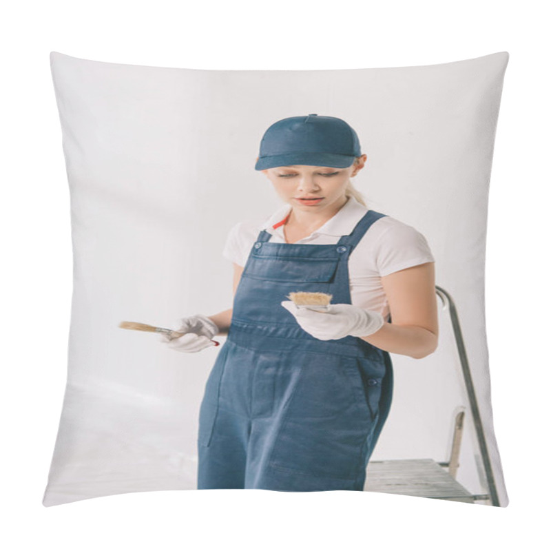 Personality  Beautiful Young Painter In Overalls And Cap Holding Paintbrushes Pillow Covers