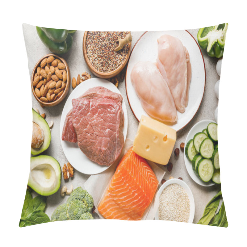 Personality  Top View Of Raw Salmon, Chicken Breasts And Meat On White Plates Near Nuts, Eggs, Cheese And Vegetables, Ketogenic Diet Menu Pillow Covers