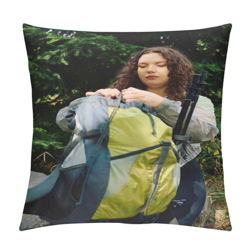 Personality  A Beautiful Plus Size Woman Organizes Her Backpack Amidst Lush Greenery, Embracing Natures Calm. Pillow Covers