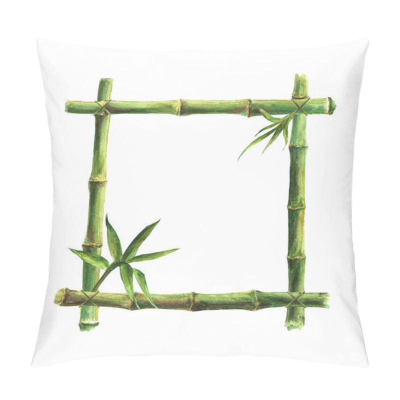 Personality  Green Bamboo Stems Sticks And Leaves Frame Isolated On White Background. Watercolor Hand Drawn Illustration With Space For Text, Image, Border, Template, Photo Frame. Watercolour Background. Pillow Covers