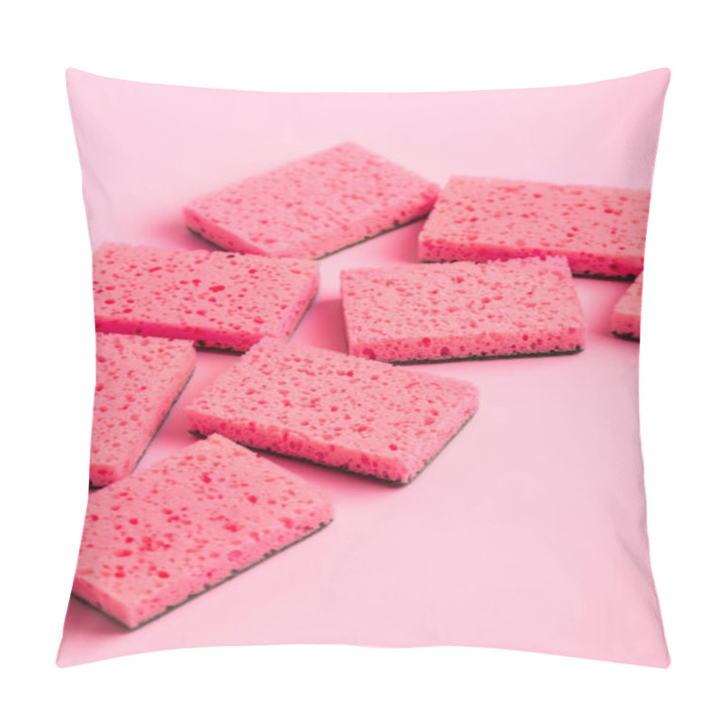 Personality  Pink Kitchen Sponges For Washing Dishes On A Pink Background, Top View. Homework. Household Work. Washing Dishes. Pillow Covers