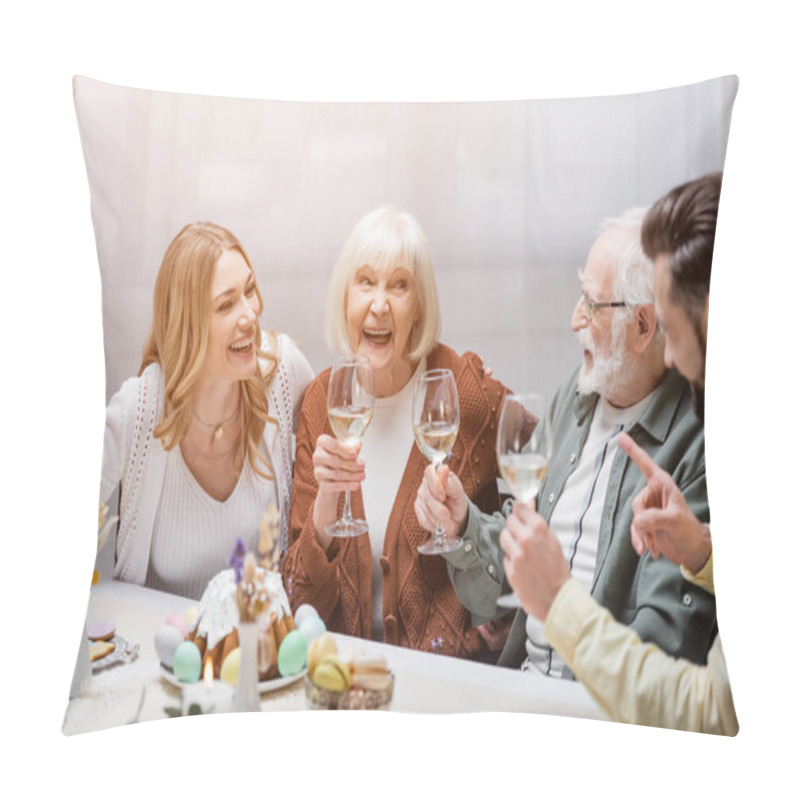 Personality  Man Pointing With Finger Near Happy Family Holding Wine Glasses During Festive Dinner Pillow Covers