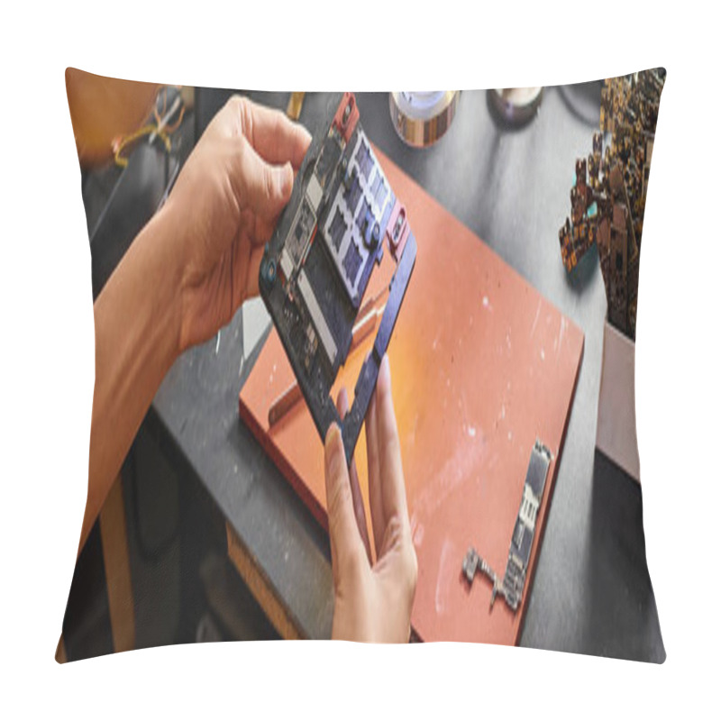 Personality  Cropped View Of Equipment Repairment Holding Chipset In Modern Service Shop, Horizontal Banner Pillow Covers