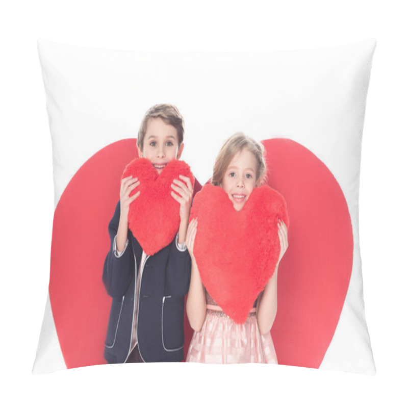 Personality  Cute Little Kids Holding Heart Shaped Pillows And Smiling At Camera Isolated On White  Pillow Covers