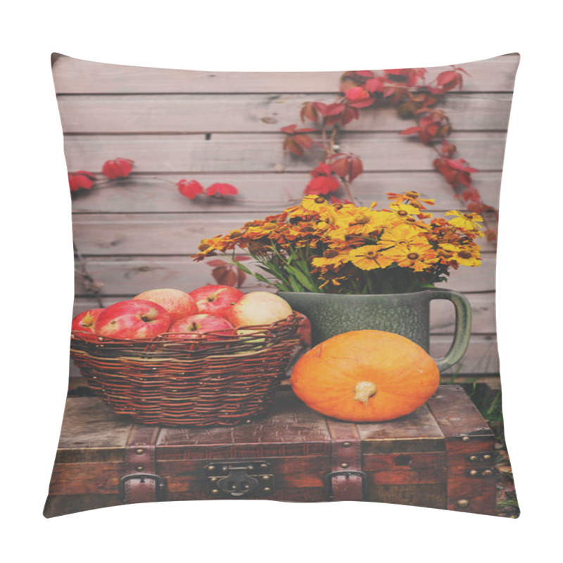 Personality  Fall At Country House. Seasonal Decorations With Pumpkins, Fresh Apples And Flowers. Autumn Harvest At Farm. Pillow Covers