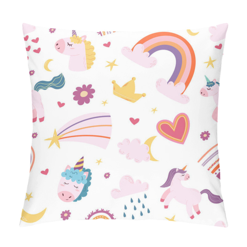 Personality  Seamless Pattern With Magic Unicorns, Rainbows, Heart, Star, Crescent, Clouds, Flower And Crown On White Background. Cute Cartoon Horse With Horn And Colorful Mane Cartoon Fantasy Vector Ornament Pillow Covers