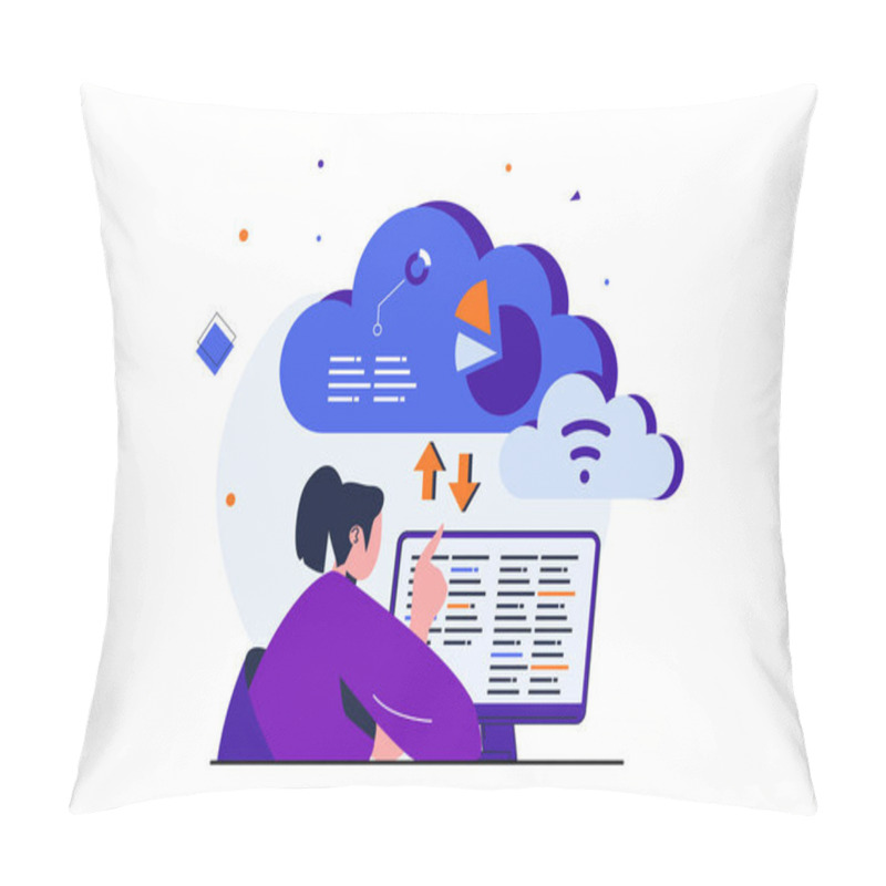 Personality  Cloud Computing Modern Flat Concept For Web Banner Design. Woman Developer Working At Computer, Coding And Programming Using Wireless Cloud Technology. Vector Illustration With Isolated People Scene Pillow Covers