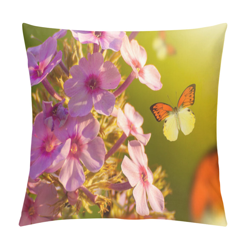 Personality  Beautiful Blooming Flowers. Spring-summer Garden And Flying Butterflies On Blurred Sunny Shiny Glowing Background, Fairy Tale Nature. Pillow Covers