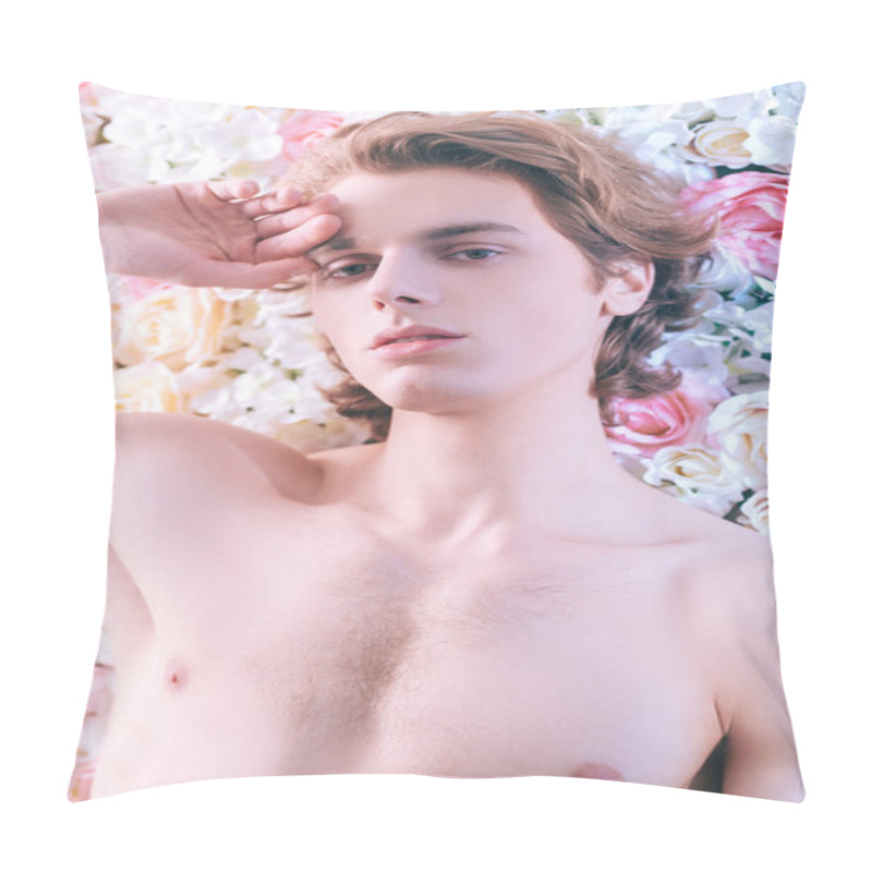 Personality  Handsome Young Man With Blond Wavy Hair And Athletic Body Poses On A Background Of Roses. Perfumery And Beauty Products. Men's Beauty.  Pillow Covers