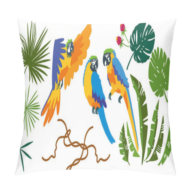 Personality  Set Of Vector Tropical Elements. Leaves, Parrots, Flowers, Branches. Typographic Design. Flat Style. Vector Pillow Covers