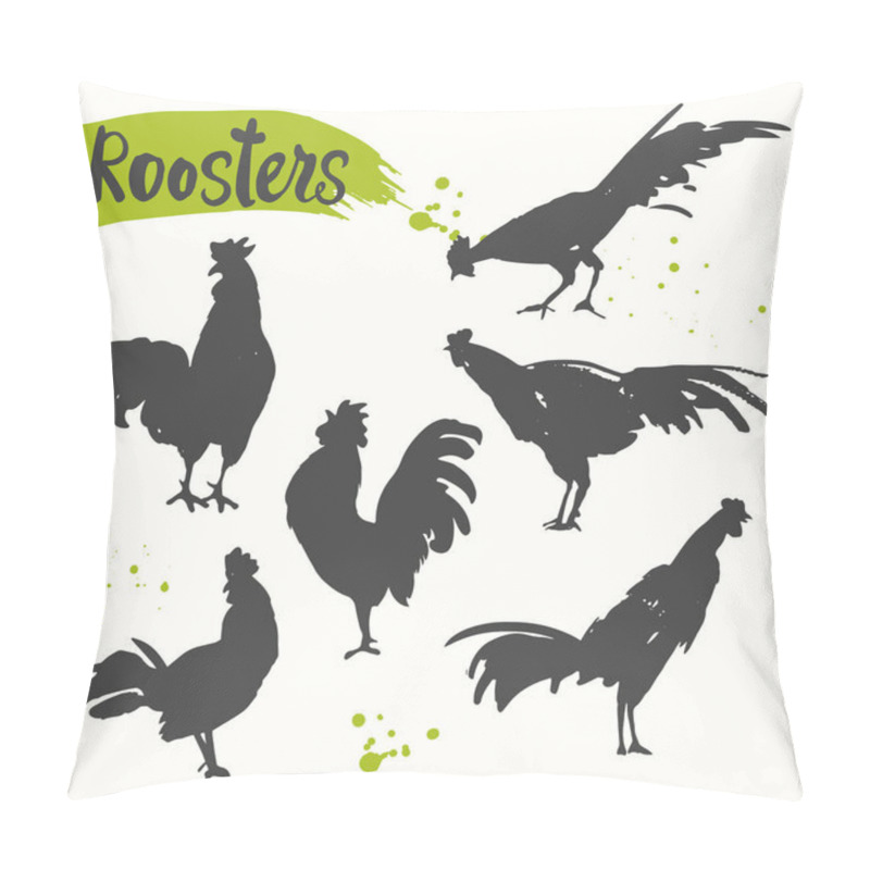 Personality  Silhouette Of The Cock In Different Poses.. Sketch Style. Vector Illustration With Black And White Roosters. Brush Drawings. Pillow Covers