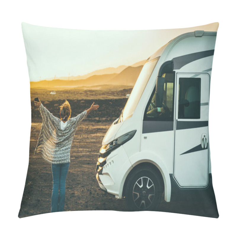 Personality  Woman Viewed From Back Enjoy Happy Her Destination In Camp Van Life Travel. Back View Of Female People Opening Arms And Enjoy Sunset Landscape And Freedom. Independence And Alternative Home Vehicle Pillow Covers