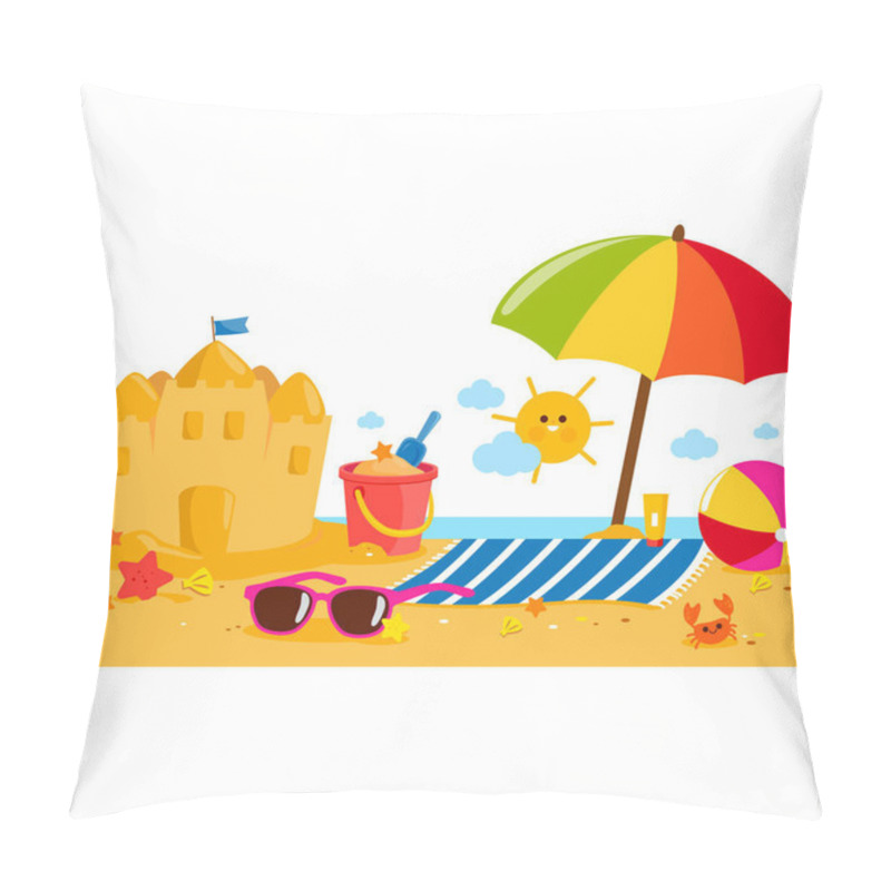 Personality  Summer Vacation Island Banner With Beach Umbrella, Towel, A Sandcastle And Other Beach Toys.  Pillow Covers