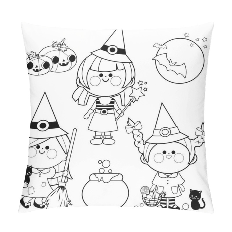 Personality  Girls Dressed In Witch Costumes, Treats, Candy And Other Halloween Objects. Vector Black And White Illustration Pillow Covers