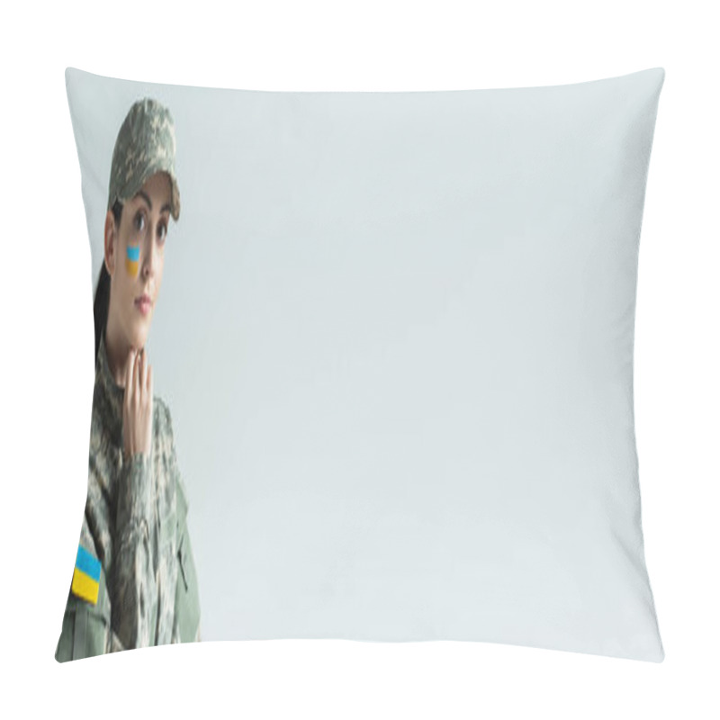 Personality  Servicewoman With Ukrainian Flag Painted On Face Isolated On Grey, Banner Pillow Covers