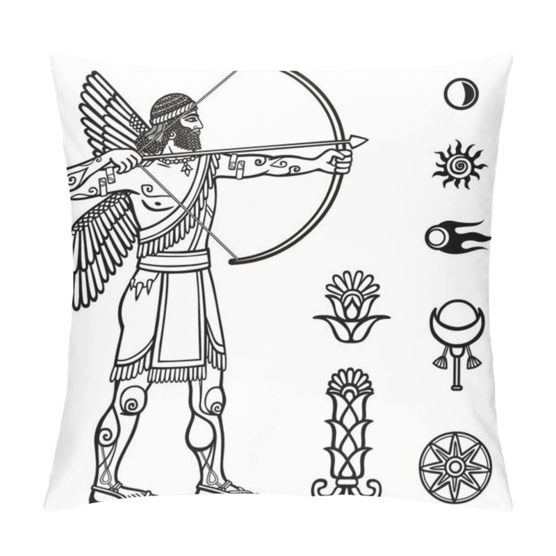 Personality  Image Of The Ancient Archer. Full Growth. Black And White Drawing Based On Motives Of Sumerian Art, Isolated On A White Background. Space Symbols. Vector Illustration. Pillow Covers