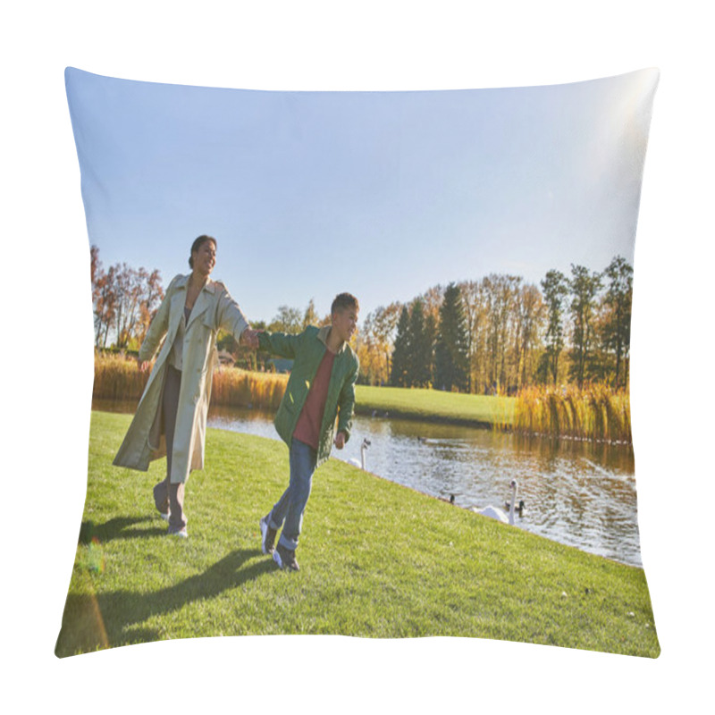 Personality  Happy Childhood, African American Woman In Outerwear Running With Son Near Pond, Autumn, Fall Season Pillow Covers