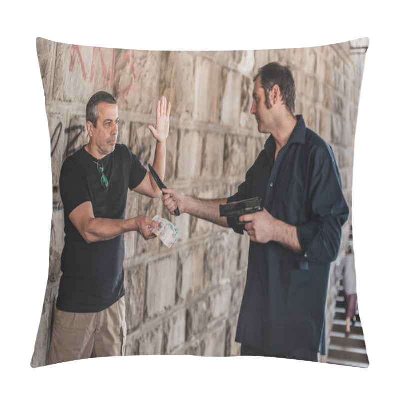 Personality  Robber With A Gun And Knife Taking Money From Victim Pillow Covers