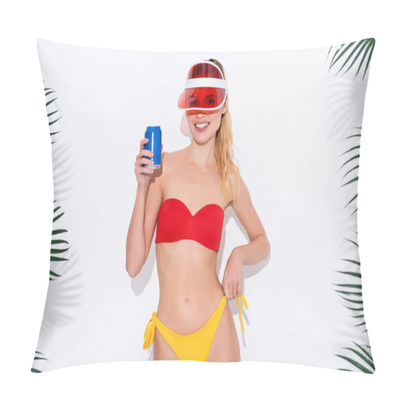 Personality  Happy Woman In Sun Visor And Swimsuit Holding Soda While Smiling At Camera On White Pillow Covers