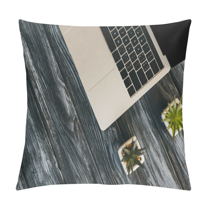 Personality  Top View Of Laptop And House Plants On Dark Wooden Surface Pillow Covers