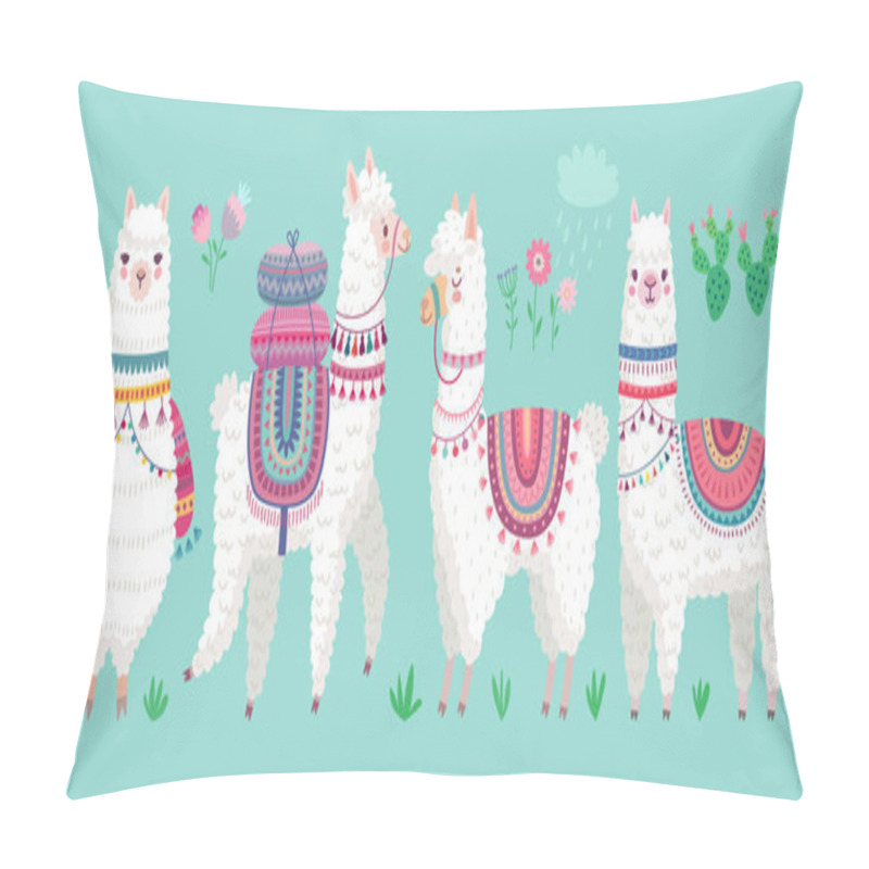 Personality  Cute Llamas. Funny Hand Drawn Alpaca Characters. Vector Illustration Pillow Covers