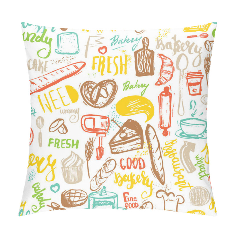 Personality  Baking Items Seamless Pattern With Lettering. Hand Drawn Vector Illustration For Menus, Banners, Recipes And Packages. Pillow Covers