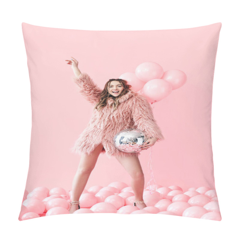 Personality  Trendy Young Woman Have Fun With Party Disco Ball On Pink Balloons Background Pillow Covers