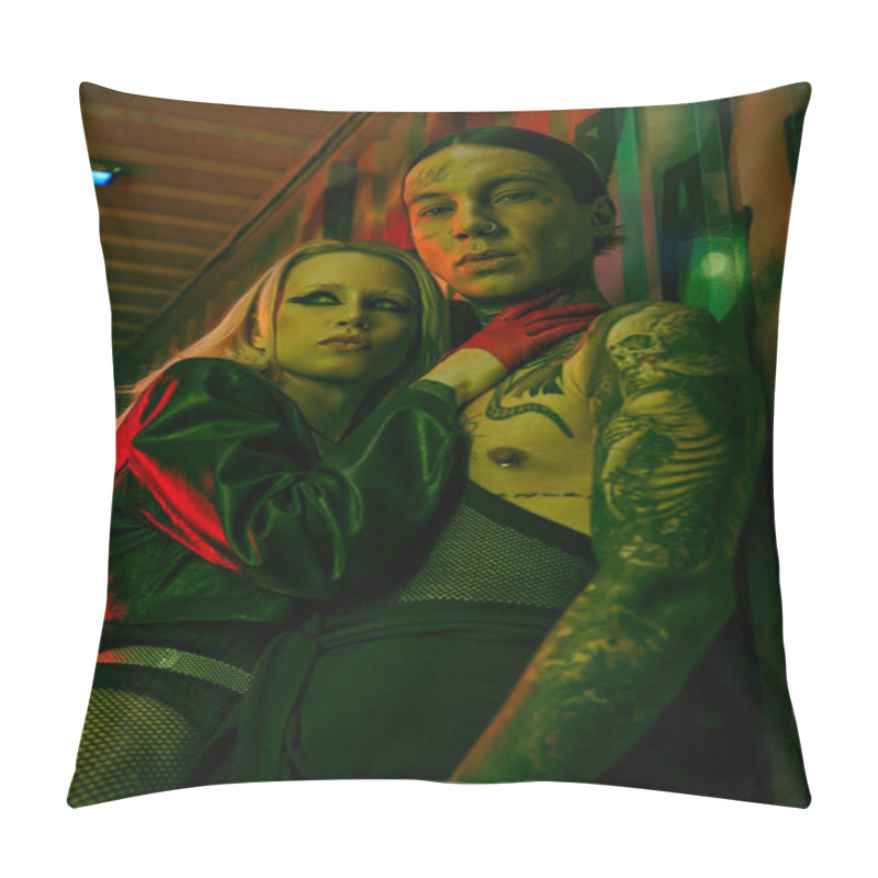 Personality  A Man And Woman Standing Side By Side At A Lively Rave Party Pillow Covers