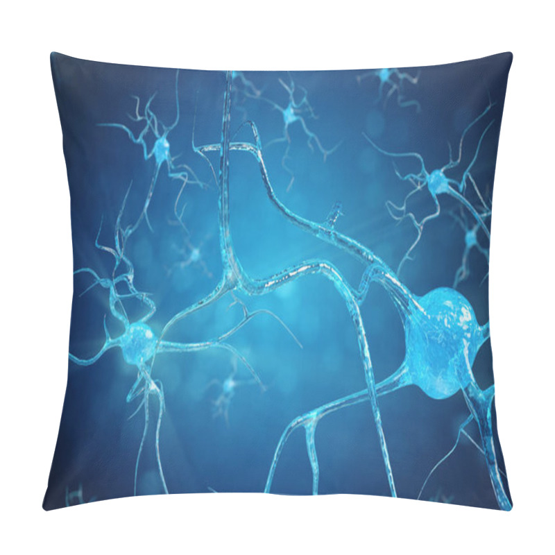 Personality  Conceptual Illustration Of Neuron Cells With Glowing Link Knots. Synapse And Neuron Cells Sending Electrical Chemical Signals. Neuron Of Interconnected Neurons With Electrical Pulses, 3D Illustration Pillow Covers