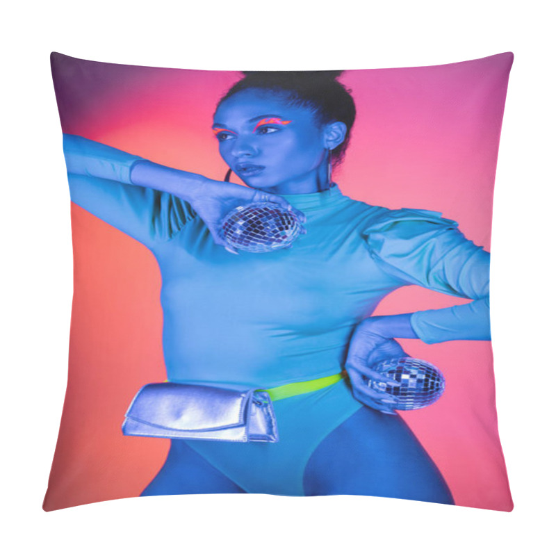 Personality  Trendy African American Woman In Neon Bodysuit Holding Disco Balls On Pink Background Pillow Covers