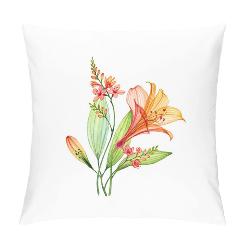 Personality  Watercolor Transparent Lily Bouquet With Freesia And Leaves. Colourful Tropical Flowers Isolated On White. Botanical Floral Illustration For Wedding Design, Cosmetic Packaging, Advertising Pillow Covers